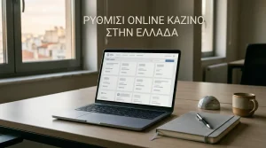 Έγγραφα και φορητός υπολογιστής σε γραφείο με ανοιχτή σελίδα δημόσιου μητρώου