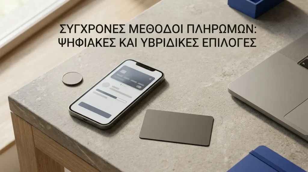 Ένα κινητό και μία τραπεζική κάρτα δίπλα σε ουδέτερο ψηφιακό τερματικό πληρωμών