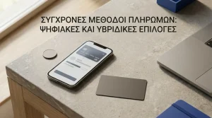 Ένα κινητό και μία τραπεζική κάρτα δίπλα σε ουδέτερο ψηφιακό τερματικό πληρωμών